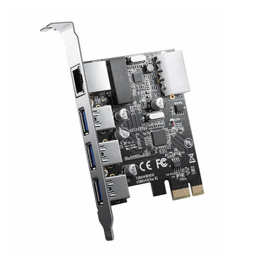 ORICO 3-Port USB 3.0 with RJ45 Gigabit Network PCIe Expansion Card | 5Gbps Data Transfer Rate & 2Gbps Ethernet for PCs / Computer Desktop | ORICO-PNU-3A1R