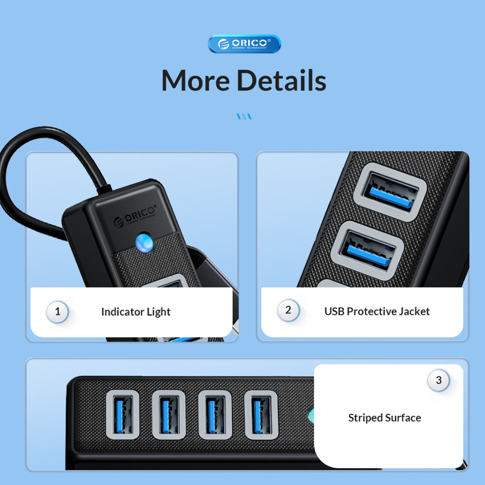 ORICO (0.15m) 4-in-1 USB 3.0 Type C Hub with 5Gbps Transfer Rate, 4 x USB-A 3.0 Output for Windows, macOS, Linux (Black / Blue / Pink / White) | PW4U-C3-015