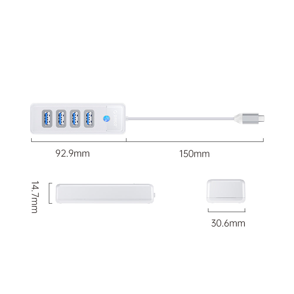 ORICO (0.15m) 4-in-1 USB 3.0 Type C Hub with 5Gbps Transfer Rate, 4 x USB-A 3.0 Output for Windows, macOS, Linux (Black / Blue / Pink / White) | PW4U-C3-015