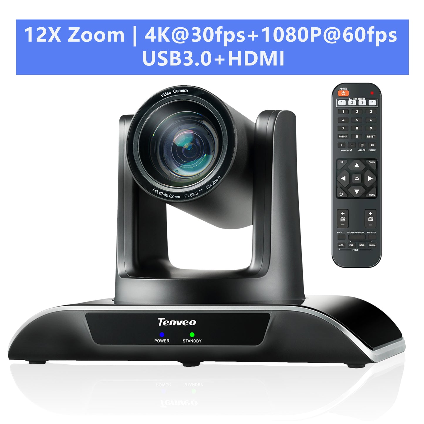 Tenveo Tevo 12X Zoom 8MP 4K Ultra HD PTZ Video Conference Camera - USB 3.0 / HDMI / RS232 / RS485 with IR Remote Control for Business Meeting, Events, Church, Online, Education, and Training Video Recording | VHDPRO12U-4K
