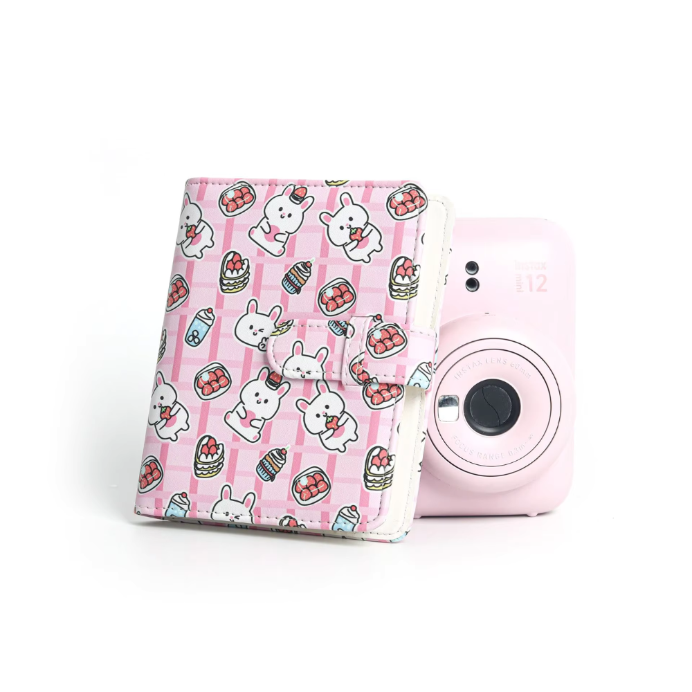 Pikxi 64 Pockets Cute Animal Prints Leather Photo Album with Slip Strap Closure for FUJIFILM Instax Mini Instant Film Camera - Available in Strawberry Rabbit, Sweet Cat, Blue Bear, Baby Penguin, Snack Bear Designs