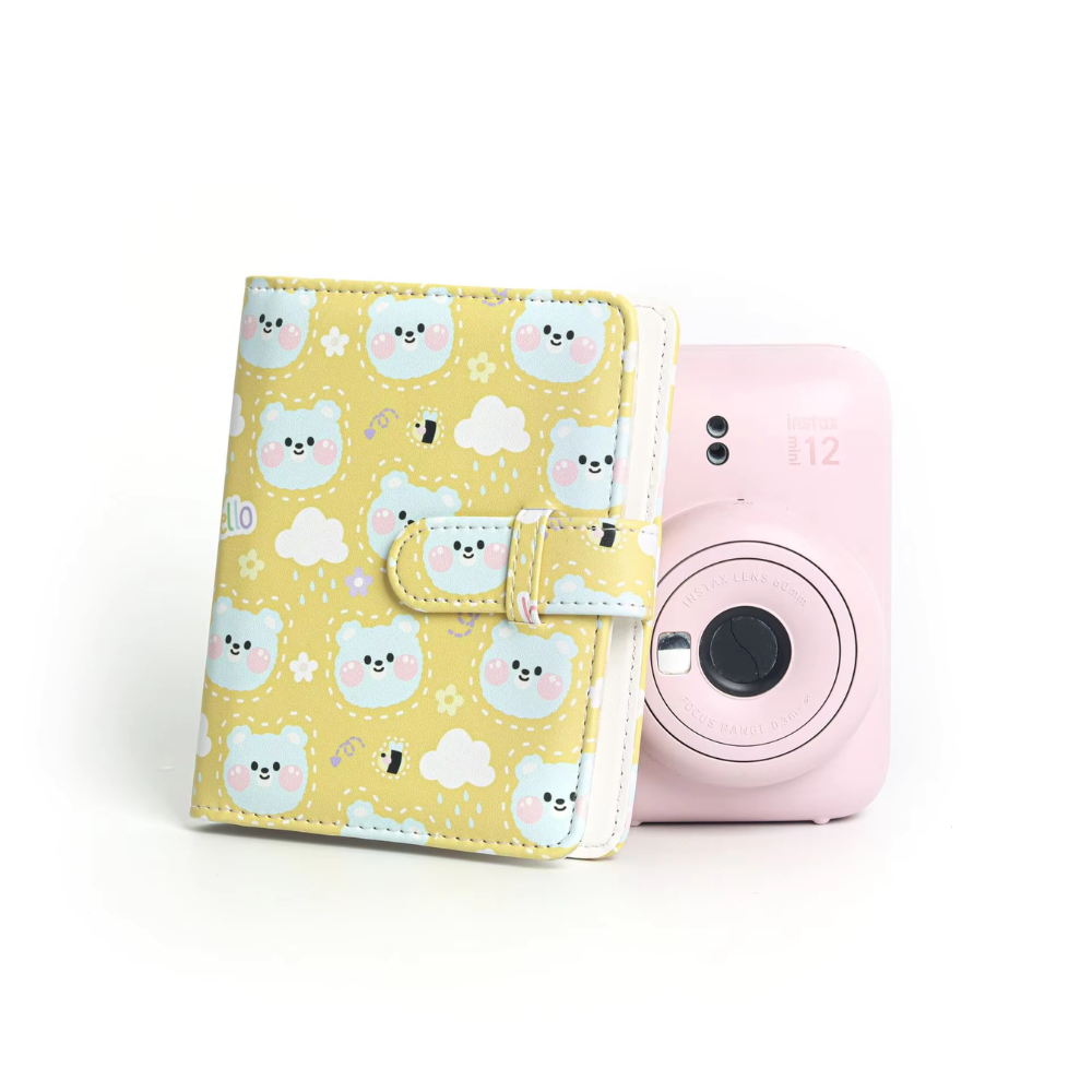 Pikxi 64 Pockets Cute Animal Prints Leather Photo Album with Slip Strap Closure for FUJIFILM Instax Mini Instant Film Camera - Available in Strawberry Rabbit, Sweet Cat, Blue Bear, Baby Penguin, Snack Bear Designs