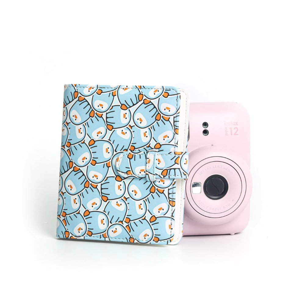 Pikxi 64 Pockets Cute Animal Prints Leather Photo Album with Slip Strap Closure for FUJIFILM Instax Mini Instant Film Camera - Available in Strawberry Rabbit, Sweet Cat, Blue Bear, Baby Penguin, Snack Bear Designs