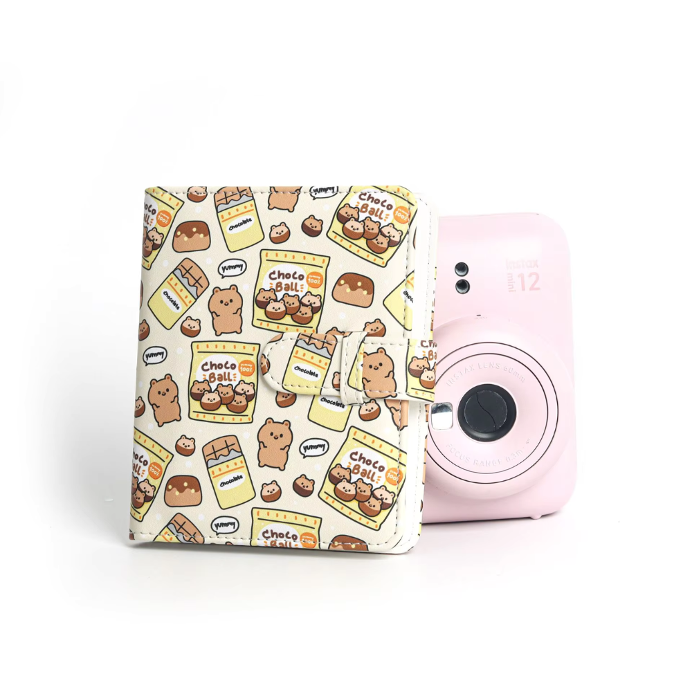 Pikxi 64 Pockets Cute Animal Prints Leather Photo Album with Slip Strap Closure for FUJIFILM Instax Mini Instant Film Camera - Available in Strawberry Rabbit, Sweet Cat, Blue Bear, Baby Penguin, Snack Bear Designs