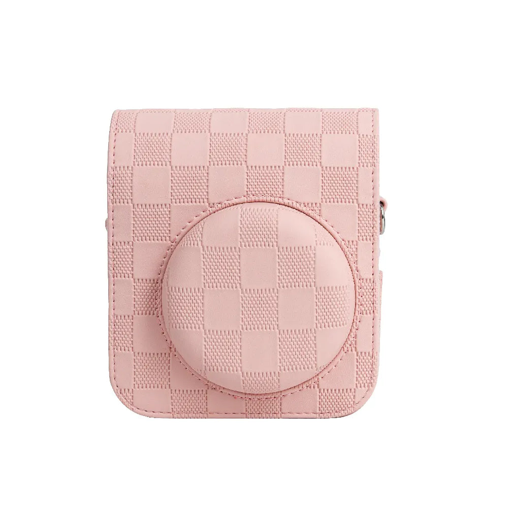 Pikxi BMS12 Fujifilm Instax Mini 12 PU Checkered Style Silicone Rubber Protective Camera Case Bag with Shoulder Strap - Clay White