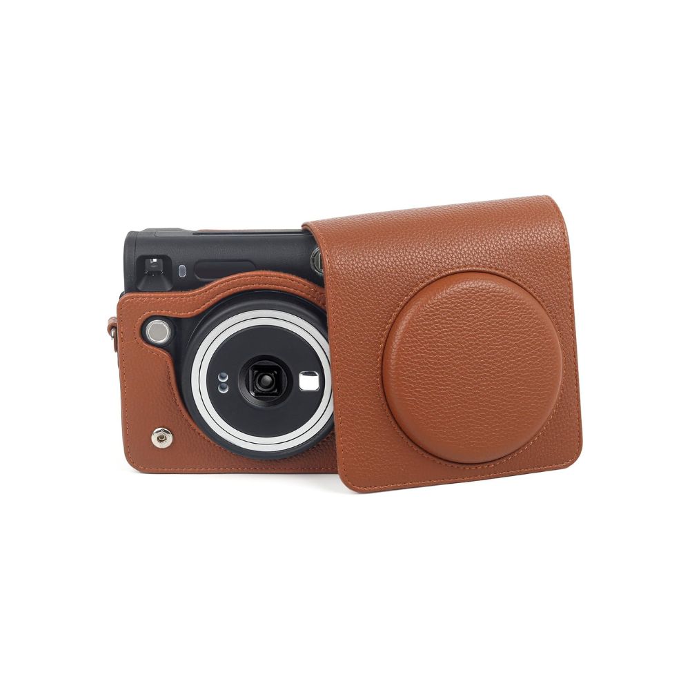 Pikxi BSQ40-01 Protective Leather Camera Case Bag Fujifilm for Instax Square SQ40 with Shoulder Strap and Detachable Top Cover - Black, Brown