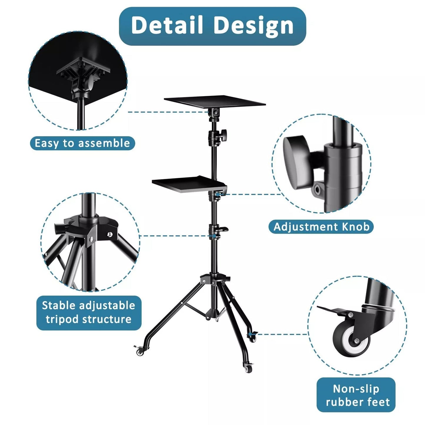 PXEL 145cm Projector Adjustable Stand with Two Adjustable Trays and Gooseneck Phone Holder for Video Live Streaming, Broadcast, Meeting & Conferencing
