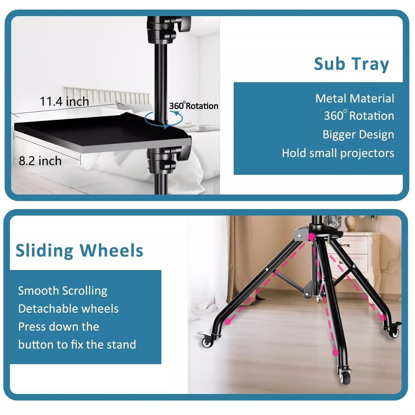 PXEL 145cm Projector Adjustable Stand with Two Adjustable Trays and Gooseneck Phone Holder for Video Live Streaming, Broadcast, Meeting & Conferencing