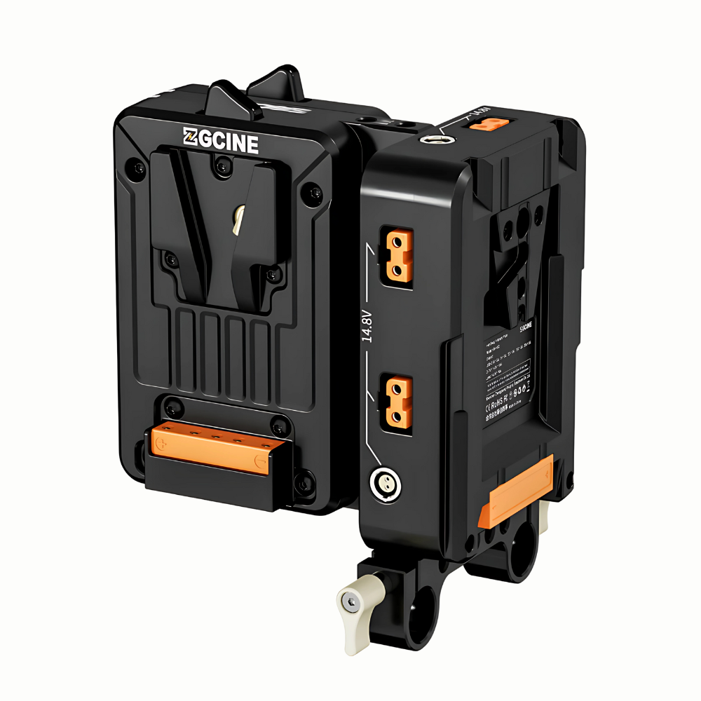 ZGCINE VM-HS2 Hot Swap Shark Fin Dual Micro V-Mount QR Quick Release Battery Plate with 15mm Dual-Rod Bracket, 1/4"-20 Mounting Threads, USB-C, D-Tap, LEMO 2-Pin Outputs for Cameras, Mobile Phones, LED Lights, Monitors & Video Equipments