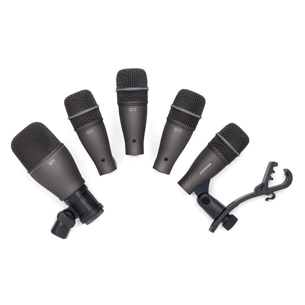 Samson DK70 7pcs / 5pcs Drum Mic Set 50~16000 Hz Super Cardioid Dynamic Microphone - Q71 Kick Mic, 4X Q72 Snare/Tom , and 2X C02 Pencil Condensers with Swivel-Style Mic Adapters, Tension-Mounted Rim Clips, and Hard-Shell Carry Case