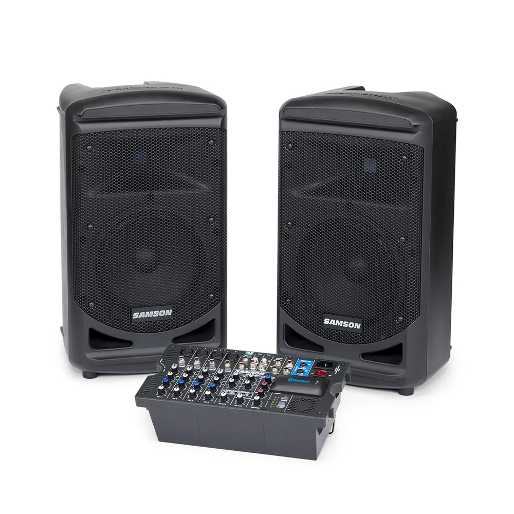 Samson Expedition XP800 All in One Public Address PA Speaker System with PAIR 2 Way 8" Powered Speakers, 800W Amplifier, Removable 8 Channel Audio Mixer, and 4 Line In / Microphone Inputs with Bluetooth Connectivity