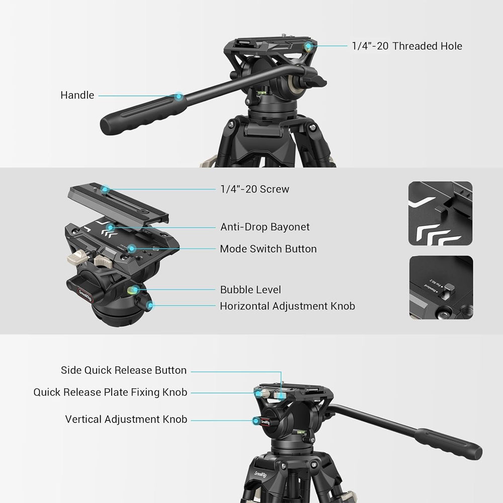 SmallRig AD-01 Heavy Duty Fluid Tripod with 8Kg Load Capacity and 360 Degree Rotatable Head with Built-in Spanner for Indoor/Outdoor Photography