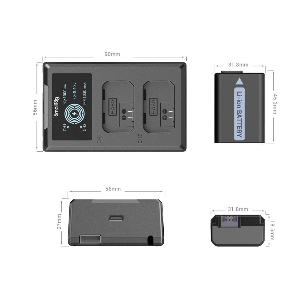 SmallRig NP-FW50 Rechargeable Replacement Battery (2-Pack) 7.4V 1030mAh with 5V USB Type C Dual Battery Charger Kit for Sony ZV-E10, Alpha a5100, a6000, a6300, a6400, a6500, Alpha a7, a7 II, a7R, a7R II, a7S, a7S II, DSC-RX10 III | 3818