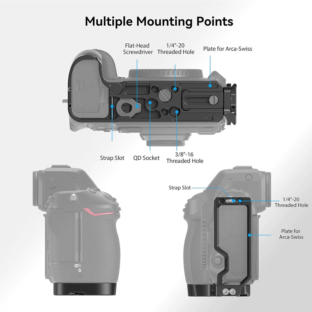 SmallRig Aluminum Extendable Camera L-Bracket for Nikon Z8 with Arca-Swiss Type Quick Release Plate, Slotted Side Port Access, 1/4"-20 & 3/8"-16 Threaded Hole, Quick Disconnect Socket | 3942