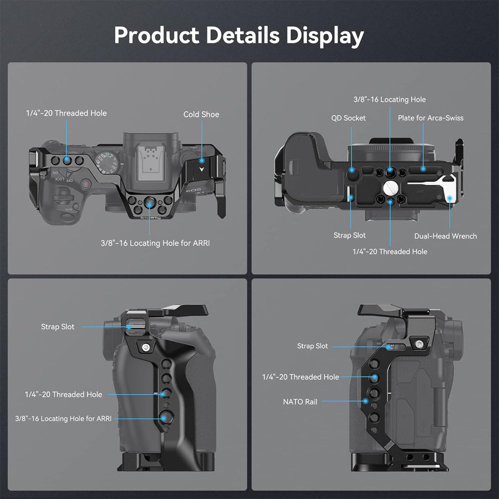 SmallRig Aluminum Formfitting Full Camera Cage for Canon EOS R8 with Arca-Swiss Type Quick Release Plate, 1/4"-20 Threaded Holes, ARRI 3/8" -16 Locating Holes, Cold Shoe Mount, NATO Rail, Strap Hole, and QD Socket Support | 4212
