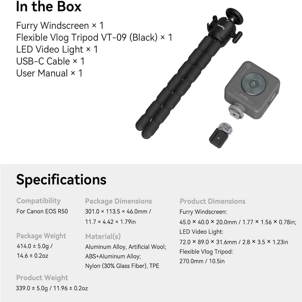 SmallRig VT-09 Flexible Tripod Vlogging Kit for Canon EOS R5 Full-Frame Mirrorless Camera with Panoramic Ball Head, Bi-Color LED Video Light, Furry Microphone Windscreen, 1/4"-20 Screw, 1/4"-20 Thread, Cold Shoe, USB-C Cable | 4213