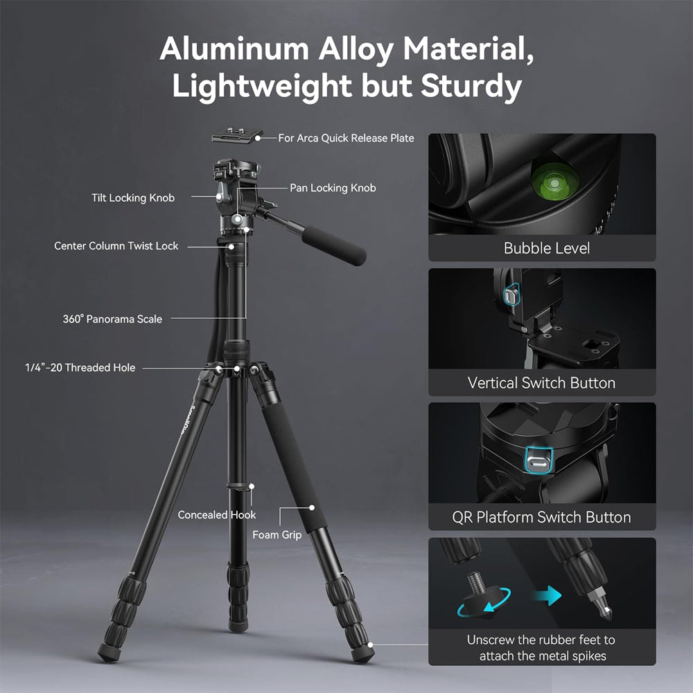 SmallRig CT195 FreeBlazer 185cm 4-Section Aluminum Video Tripod with Detachable Monopod, Arca-Swiss Type Quick Release Plate, Telescopic Handle, One-Click Switch Horizontal to Vertical Shooting, Smooth 360° Panning & 180° Tilting | 4307