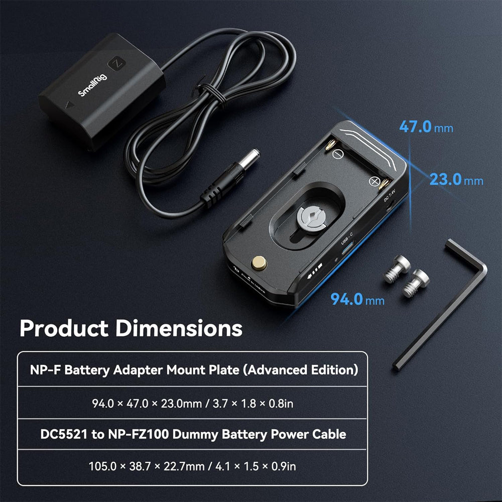 SmallRig L-Series / NP-F Battery Adapter Plate with NP-FZ100 Battery Kit (Advanced Edition) with 36W USB-C Input / Output Port, LED Status Indicators and Cage with 1/4"-20 Screw for Select Sony Cameras | 4341