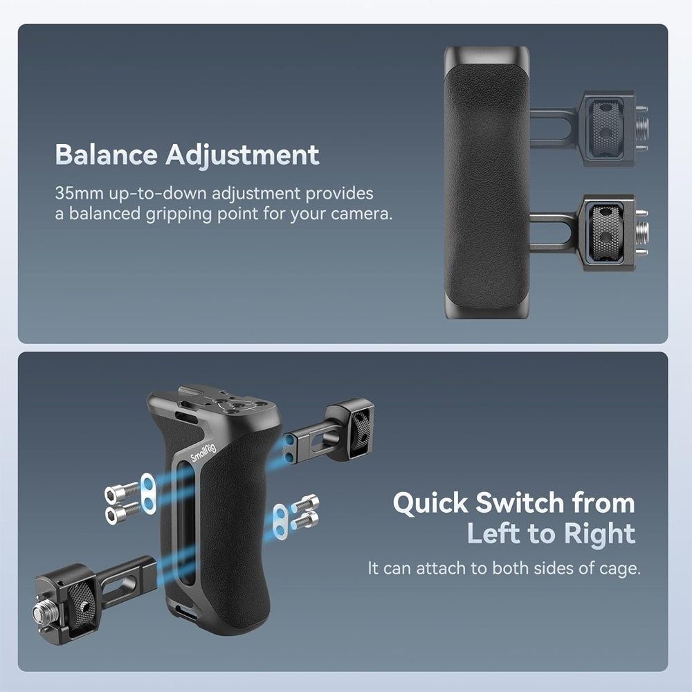 SmallRig Right-or-Left Side Handle Grip for Camera Cage with ARRI 3/8"-16 & 1/4"-20 Locating Screws, 15kg Payload Capcity, Cold Shoe Mounts, Wrist Strap Slot, 1.4" Vertical Adjustment | 4346