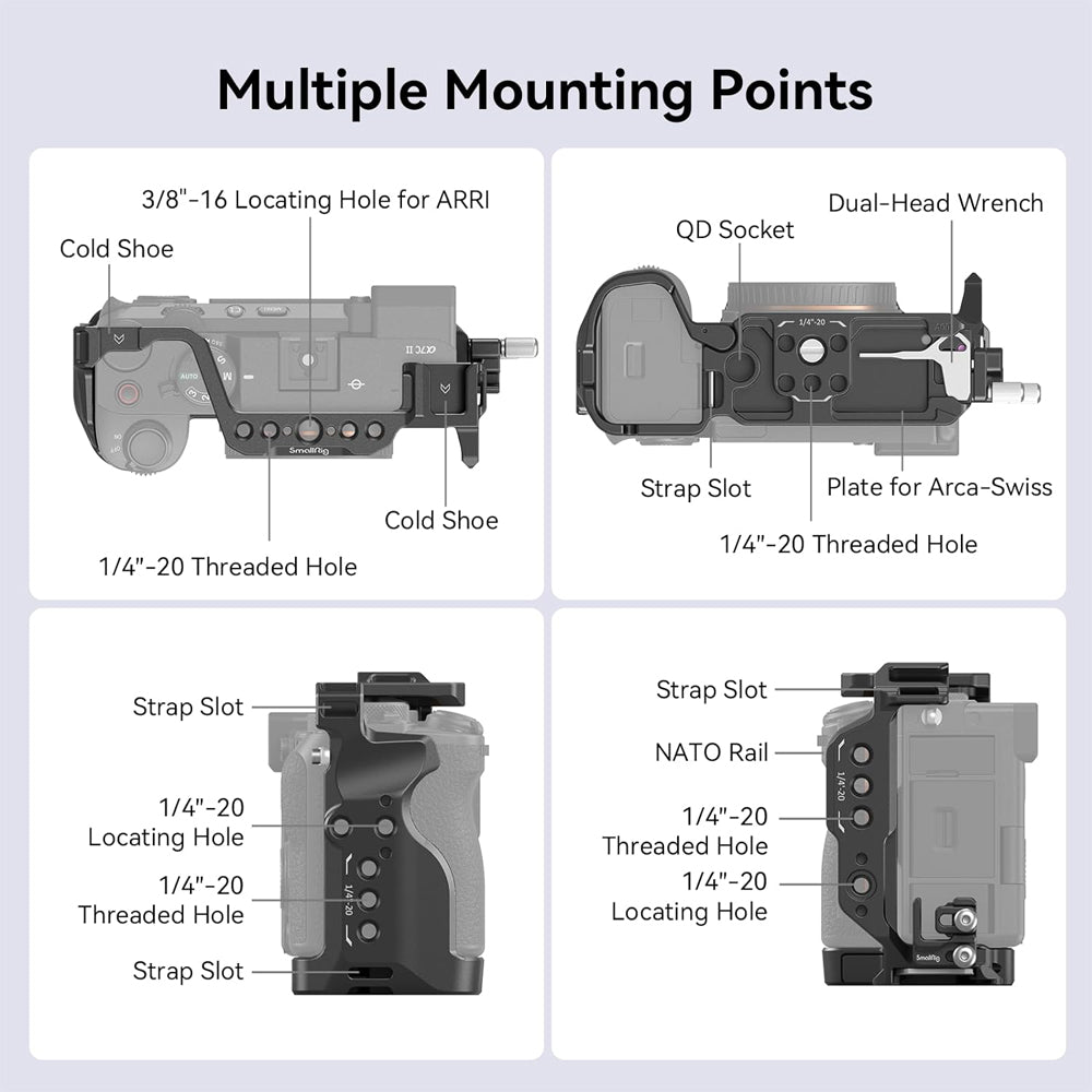 SmallRig Full Camera Cage Kit for Sony a7C II and 7CR Mirrorless Camera with Arca-Type Baseplate, 1/4"-20 and 3/8" Threads, QD and Cold Shoe Mounts, Strap Slots with Screw and Side Locks | 4422