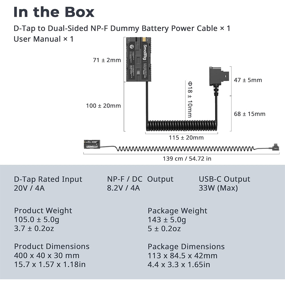 SmallRig D-Tap to Dual-Sided NP-F Dummy Battery Power Cable Adapter with 8.2 VDC Output, Multiple Circuit Protections, USB-C Port PD & PPS Fast Charging for Power Cameras, Monitors, Video Transmitters, Accessories | 4884