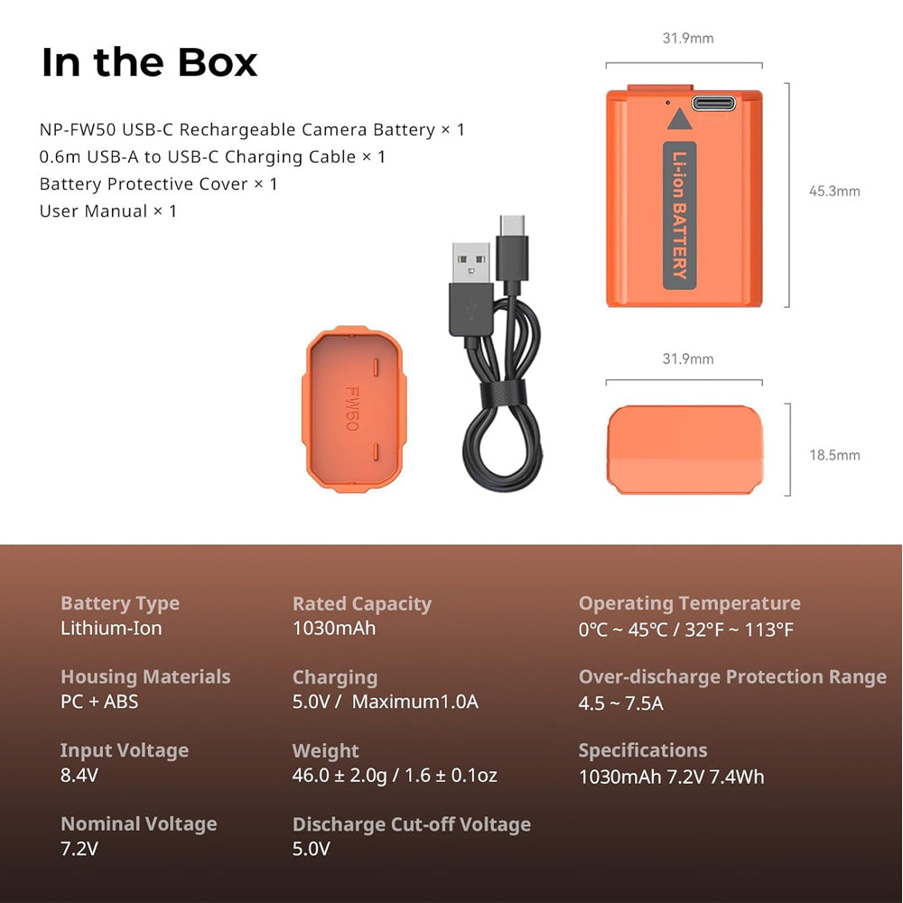 SmallRig NP-FW50 Rechargeable Li-Ion Battery 1030mAh 7.2V with USB-C Direct Charging for Selected SONY Camera a7 IV, a7C II, a7R V, a7 IV, a6400, a6100, ZV-E10, RX10M4, a7S III, a7R II, DSC-RX10M2, RX10M3, ILCE-QX1 | 4965