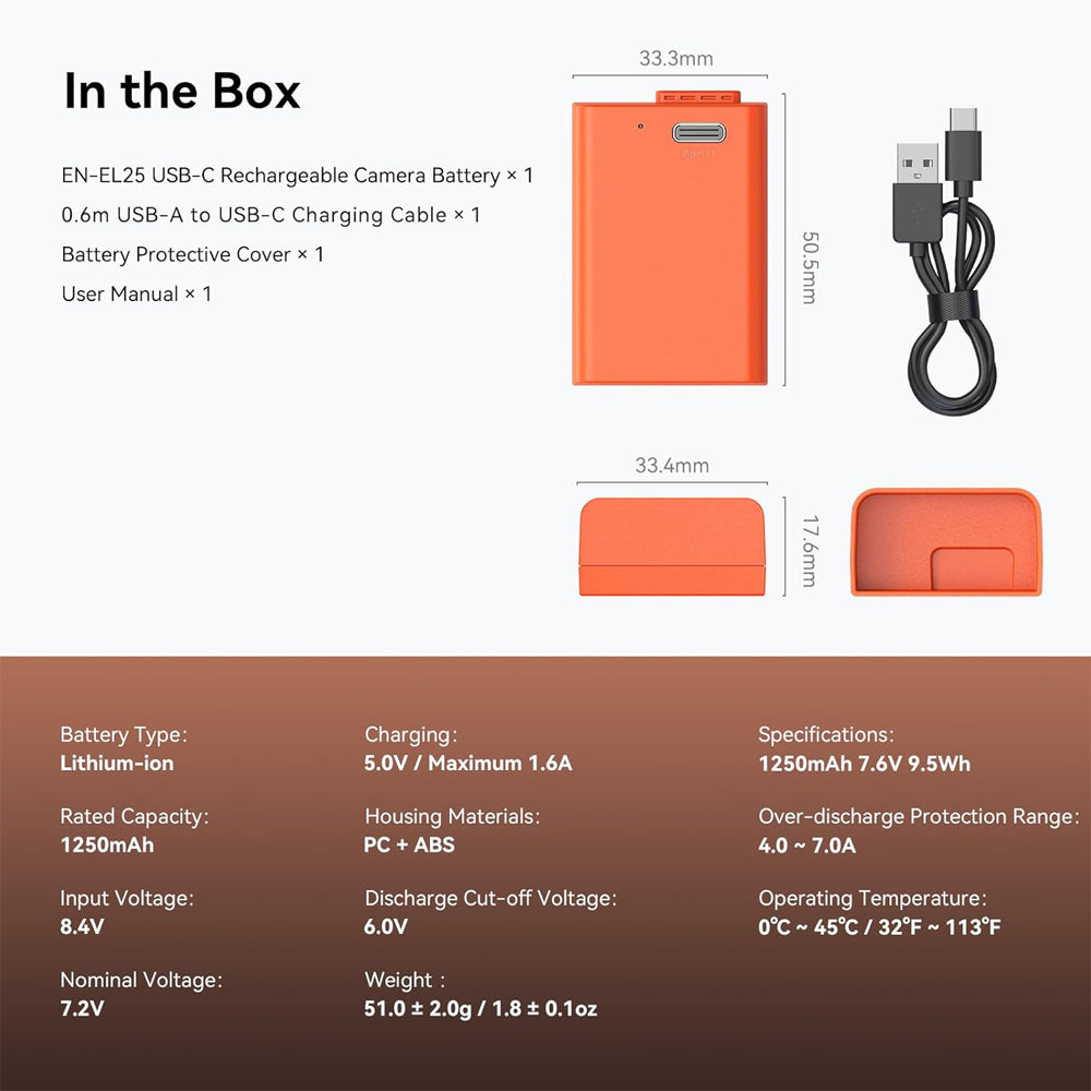 SmallRig EN-EL25 Rechargeable Lithium-Ion Battery 1250mAh 7.6V Output Power, 9.5Wh Capacity with USB-C Direct Charging for Selected NIKON Cameras Z30, Z50, and Zfc | 4967