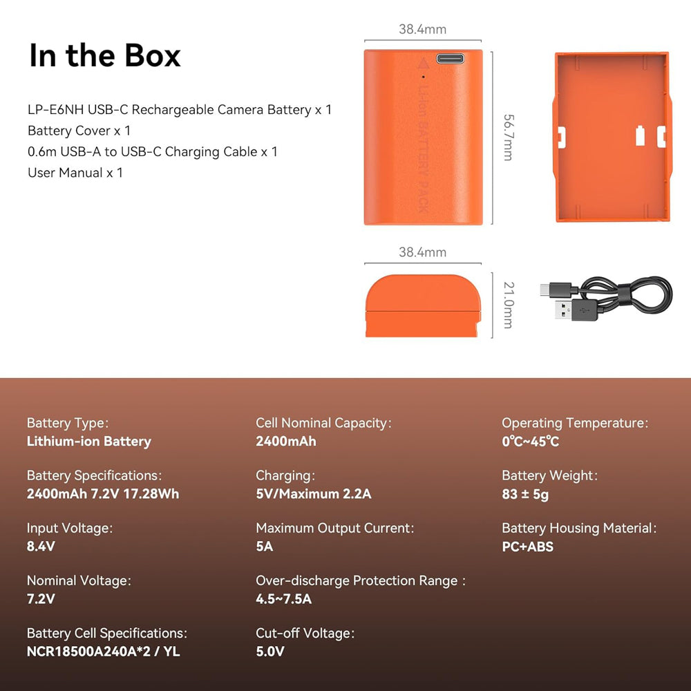 SmallRig LP-E6NH Rechargeable Lithium-Ion Battery 2400mAh 7.2V with USB-C Direct Charging for Selected CANON Cameras EOS R7,XC10,EOS 5DS R,EOS R6,XC15,EOS R5,EOS 80D,EOS 70D, EOS R5C,EOS 7D Mark II,EOS 6D Mark II,EOS 90D, EOS R & Others
