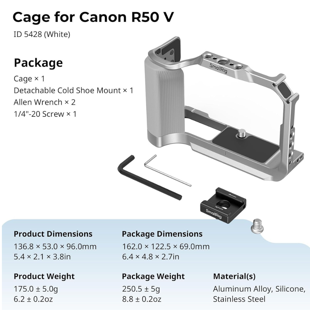 SmallRig Camera Cage for Canon EOS R50 V with Arca QR Plate, Cold Shoe, 1/4"-20 & 3/8"-16 Mounts, Silicone Grip Photography Videography Accessories | 5428