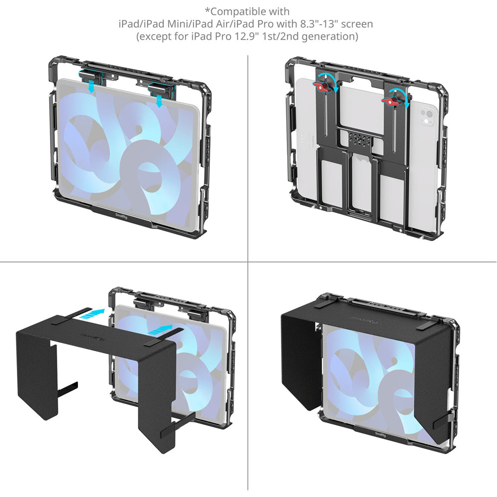 SmallRig Universal Formfitting Cage for iPad / Mini / Air / Pro  Tablet with 1/4"-20 and 3/8"-16 Threaded Mounts and Touch-Fastener Detachable Sun Hood, Strap Slots, Cold Shoe Mount and TO Rails