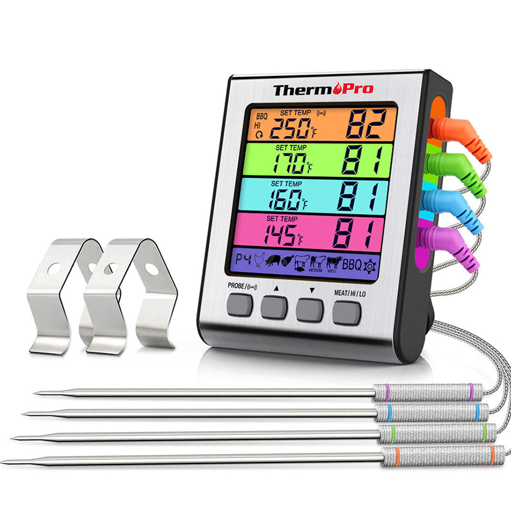 ThermoPro TP17H Digital Meat Thermometer with 4 Color-Coded Probes, Large Multi-Color Touch Backlit Display, USDA Presets and BBQ High/Low Temp Alarm for Grilling, Smoking, Roasting, and Oven Cooking