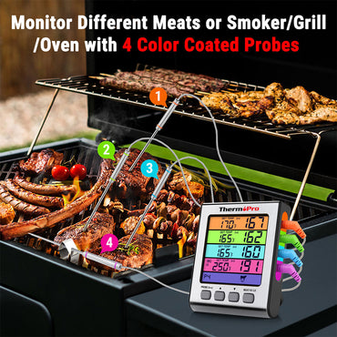 ThermoPro TP17H Digital Meat Thermometer with 4 Color-Coded Probes, Large Multi-Color Touch Backlit Display, USDA Presets and BBQ High/Low Temp Alarm for Grilling, Smoking, Roasting, and Oven Cooking