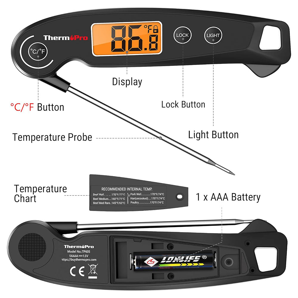 ThermoPro Instant Read Meat Thermometer Waterproof Digital Digital Backlit with Backlight, Calibration, Foldable Probe & Fast Up to 2-3s Read Time for Kitchen, Outdoor Grilling and BBQ | TP605 | TP603