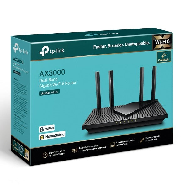 TP-Link Archer AX55 AX3000 Dual Band Gigabit Wi-Fi 6 Router OFDMA High-Speed 2402 Mbps 5GHz /  574 Mbps 2.4GHz with OneMesh Support, HomeSheild, Quad-Core CPU, 512MB RAM, USB 3.0 and Gigabit Ports WIFI TP LINK TPLINK