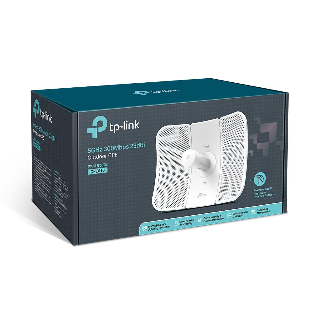 TP-Link CPE610 300Mbps 5GHz 23dBi High-Gain Outdoor Wireless CPE IP65 Weatherproof with Pharos MAXtream TDMA Technology, Up to 30km Transmission Range, 15 kV ESD and 6 kV Lightning Protection TP LINK TPLINK CPE