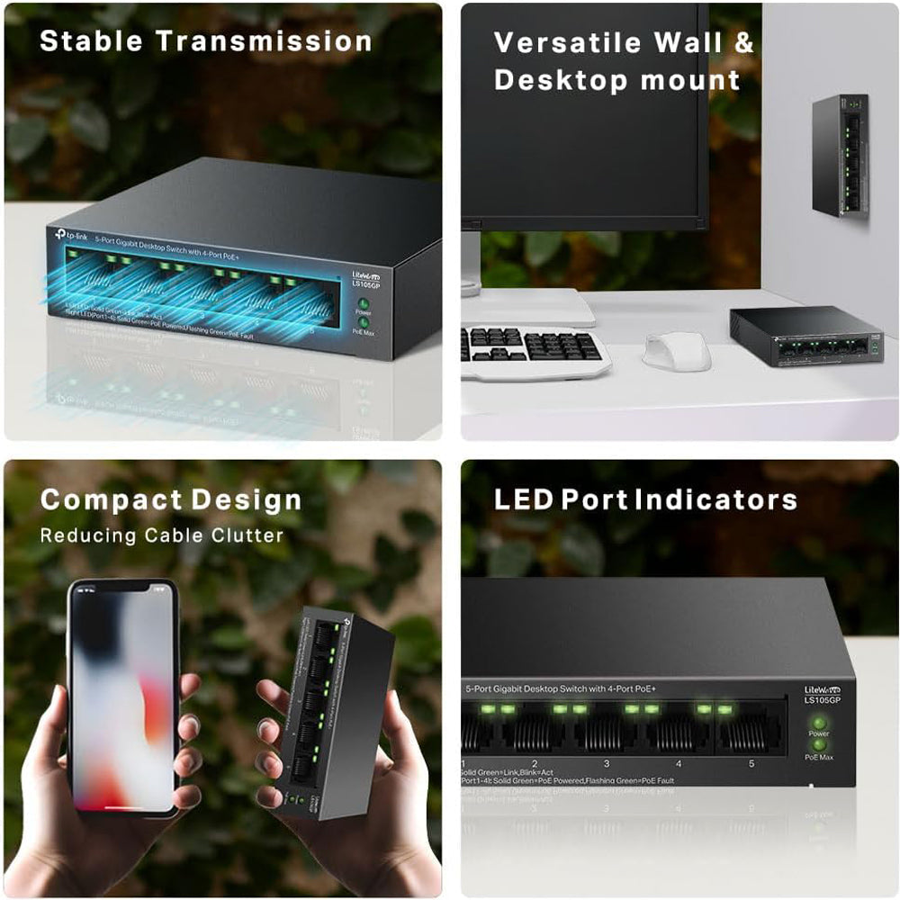 TP-Link LS105GP LiteWave 5-Port Gigabit Desktop Switch with 4-Port PoE+ | 65W Budget, 250m Transmission, Auto-Recovery & Power Magement for  IP Security Cameras, IP Line Phone, Access Points & Network Video Recorder | TP Link TPLink