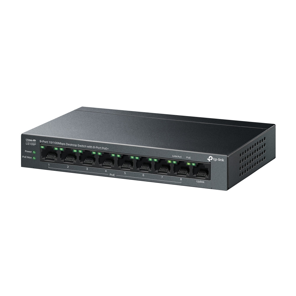 TP-Link LS109P 9-Port 10/100Mbps Desktop Network Switch with 8-Port PoE+ (Unmaged) with 63W PoE Budget, IP Surveillance & 250m Transmission for IP Security Cameras, Phones, Access Points & Network Video Recorders | TP LINK TPLINK