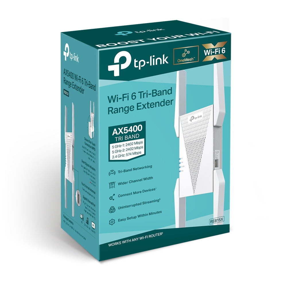TP-Link RE815X AX5400 Tri-Band Wi-Fi 6 Range Extender with Built-In Access Point Mode 2402Mbps 5GHz / 574Mbps 2.4GHz Wifi Extender, Repeater, & Booster - Smart Network Devices | EasyMesh | TPLINK TP LINK