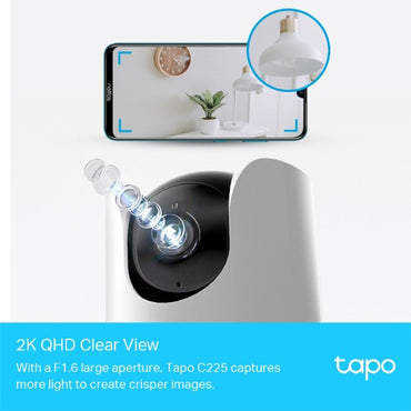 TP-Link Tapo C225 Pan/Tilt AI Home Security Wi-Fi Camera 2.4GHz 2K QHD Panoramic Recording & Privacy Protection with Smart AI / Sound Detection & Notification, Customizable Night Vision, Built-in Microphone & Speaker, Voice Control