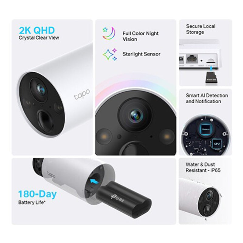 TP-Link Tapo C420S1 / C420S2 / C420 2K QHD Full Color Night Vision SMART Wire-Free Security Camera with AI Detection, IP65 Water Dust Resistant, MicroSD Slot, 2-Way Audio and Mobile App Monitoring