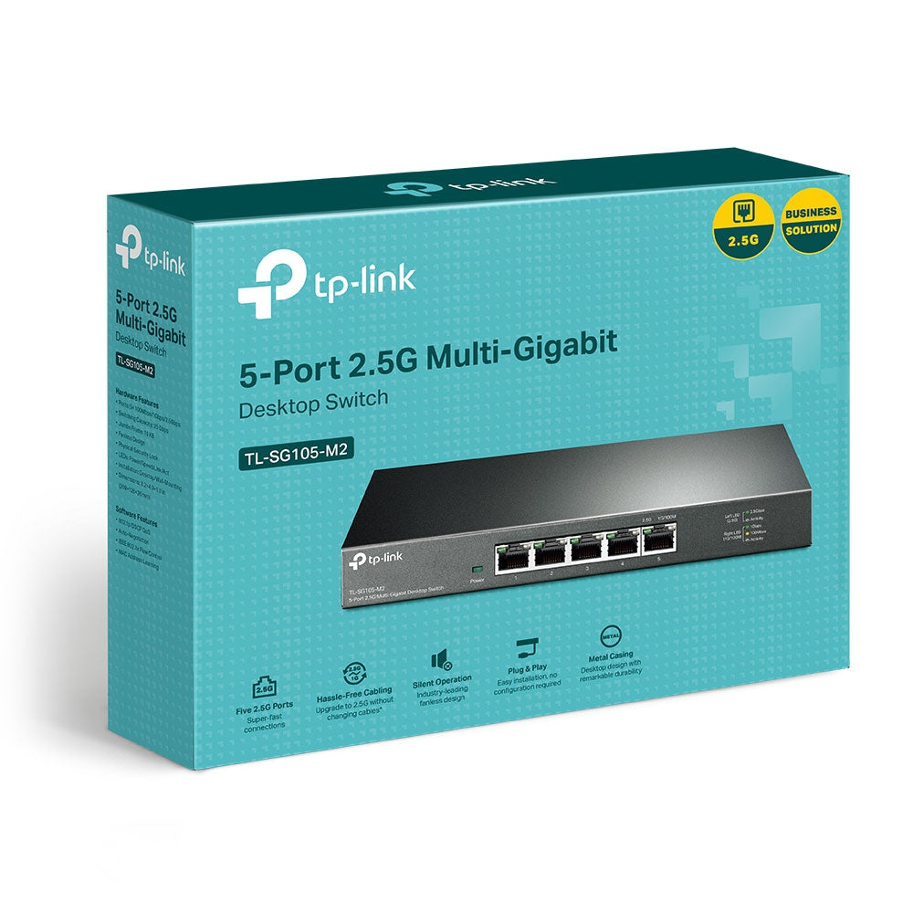 TP-Link TL-SG105-M2 5-Port 2.5G Multi-Gigabit Desktop Switch (Unmanaged) 5x 2.5G RJ45 Port, 25Gbps Switching Capacity, 16K MAC Address Table, Fanless, 802.3X Flow Control, 802.1p/DSCP QoS, Driver Free
