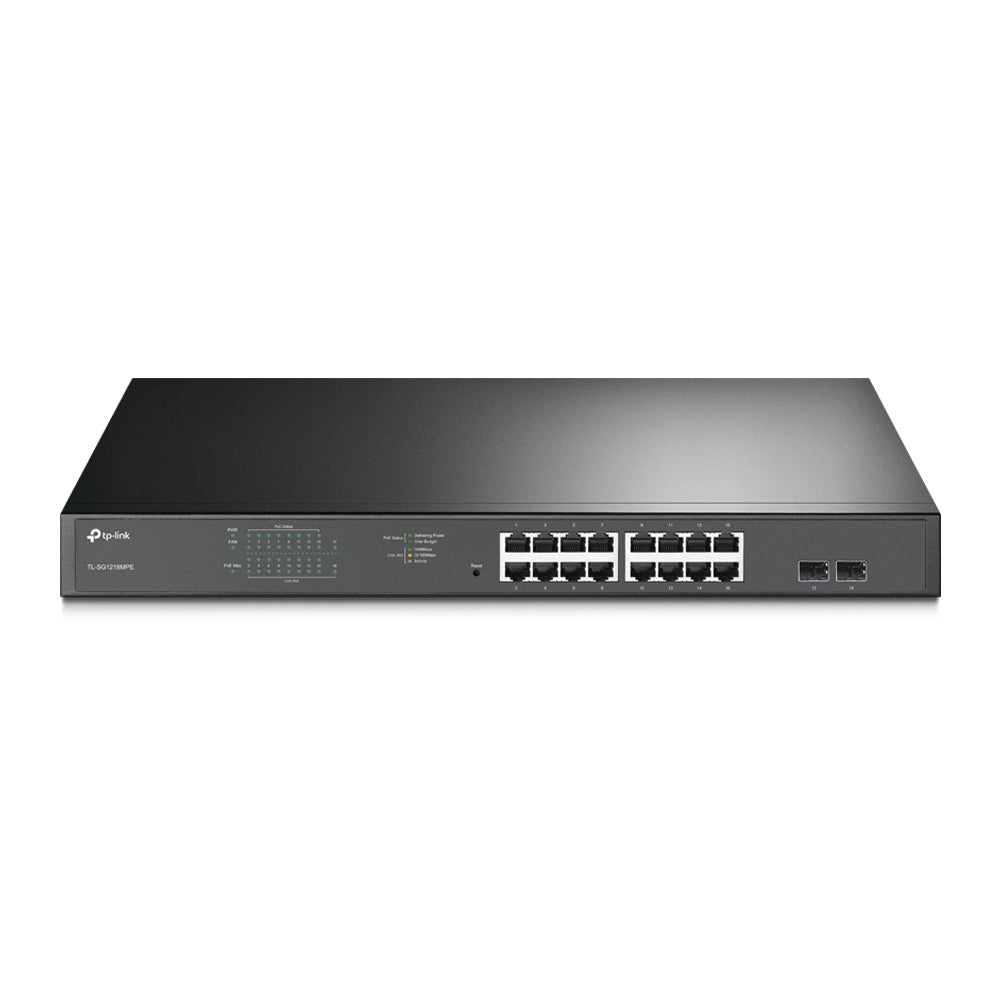 TP-Link TL-SG1218MPE 16-Port Gigabit Easy Smart PoE+ Switch with 2 SFP Slots Multi-purpose PoE Switch, 16x 10/100/1000Mbps RJ45 PoE+ Ports, 192W PoE Power, MTU/Port/Tag-based VLAN, QoS, IGMP Snooping, Web/Utility Management