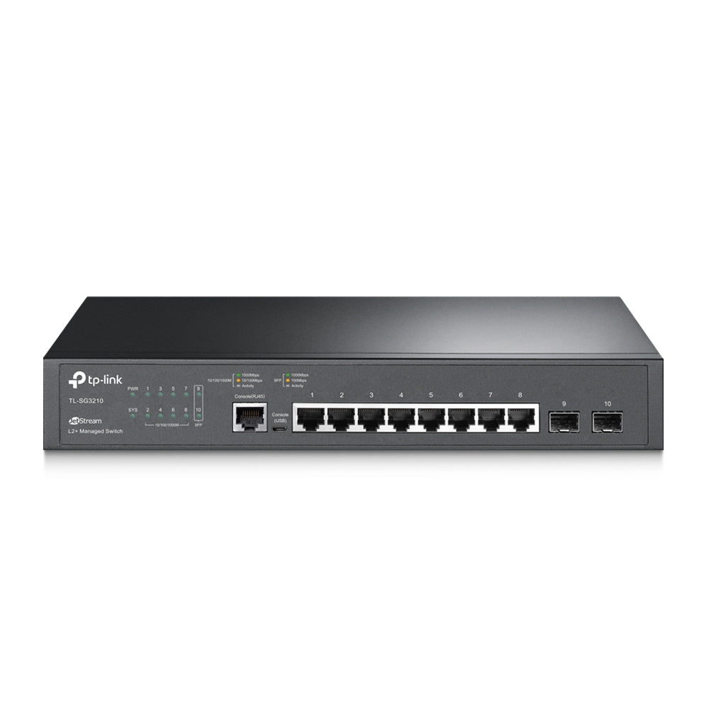 TP-Link TL-SG3210 8-Port Gigabit L2+ Managed Switch with 2 SFP Slots, 8x RJ45 Ports, Micro USB Console Port, Integration with Omada SDN Controller, Static Routing, IGMP Snooping, 802.1p/DSCP QoS, SNMP, Dual Image, IPv6