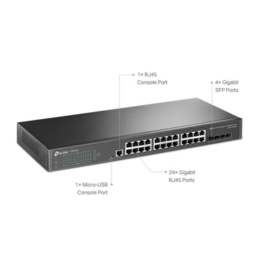 TP-Link TL-SG3428 24-Port Gigabit L2+ Managed Switch with 4 SFP Slots, 24x RJ45 Ports, Micro USB Console Ports, Integration with Omada SDN Controller, Static Routing, IGMP Snooping, 802.1p/DSCP QoS, SNMP, Dual Image, IPv6