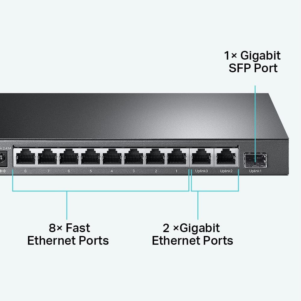 TP-Link TL-SL1311MP 8-Port 10/100Mbps + 3-Port Gigabit Desktop Switch with 8-Port PoE+ 124W Fanless 11 Port Ethernet RJ45 SFP Network Switch Hub (Plug & Play) with Auto-Negotiation and Auto-MDI/MDIX Support TP LINK TPLINK