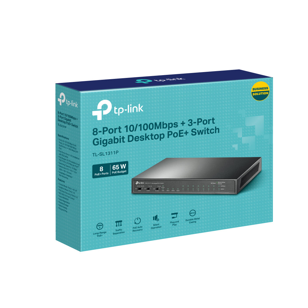 TP-Link TL-SL1311P 8-Port 10/100Mbps + 3-Port Gigabit Desktop Switch with 8-Port PoE+ 65W Fanless 11 Port Ethernet RJ45 SFP Network Switch Hub (Plug & Play) with Auto-Negotiation and Auto-MDI/MDIX Support TP LINK TPLINK
