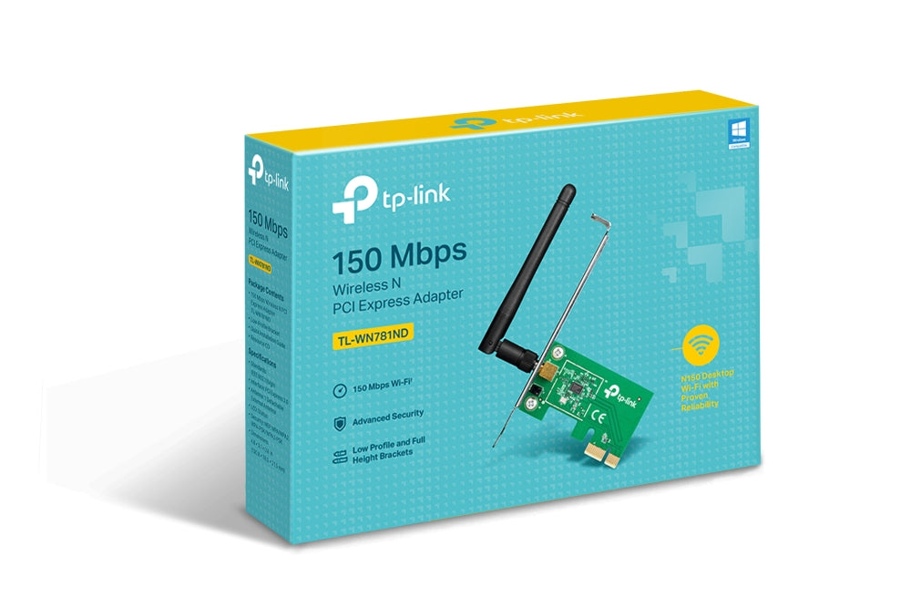 TP-Link TL-WN781ND 150Mbps Wireless N PCIe Adapter 2.4GHz with 2x High Gain External Antennas, Advanced Security Connection with WPA/WPA2 encryption, Low Profile & Full Height Brackets for Windows 11/10/8.1/8/7 & Linux
