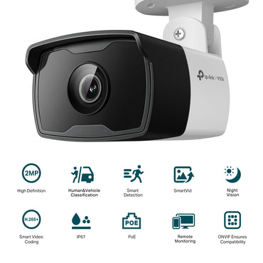 TP-Link VIGI C320I 2.8MM 4MM 6MM 2MP Mini Outdoor IR Bullet Network Security Surveillance Camera IP67 Weatherproof  with IR Infrared Night Vision, Smart Detection, Remote Monitoring, PoE RJ45 Port