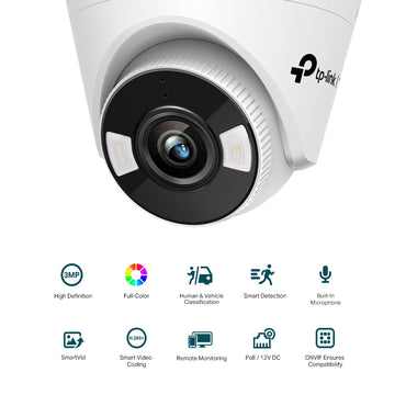 TP-Link VIGI C430 Full Color 3 Megapixel 4MM Lens Turret Network Security Surveillance Camera with SMART Detection, 24H Full-Color, Built-In Microphone, Smart Video Enhancement, PoE/12V DC and H.265+ Video Size