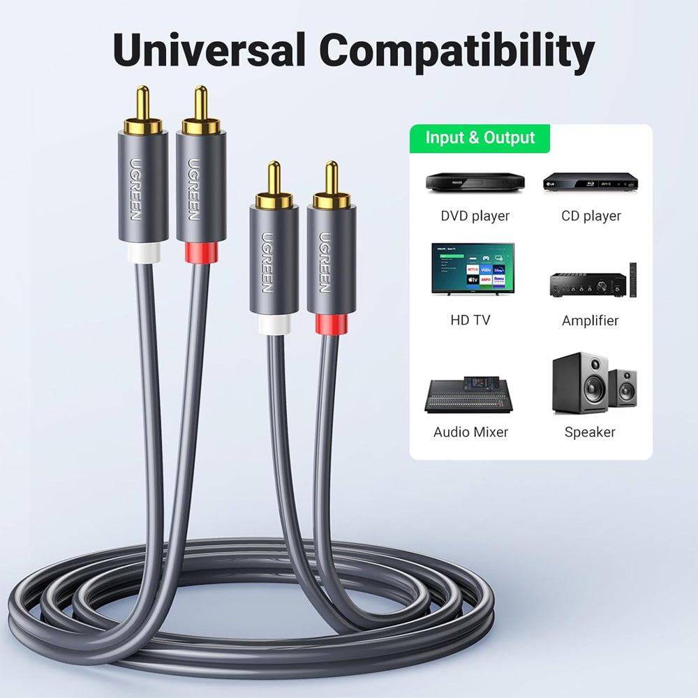UGREEN 2 RCA Male to Male Stereo Audio Jack Gold-Plated Cable for Audio, Amplifier, TV, DVD Devices (1M, 1.5M 2M, 3M, 5M) - Black | 30747 10517 10518 10519 10520